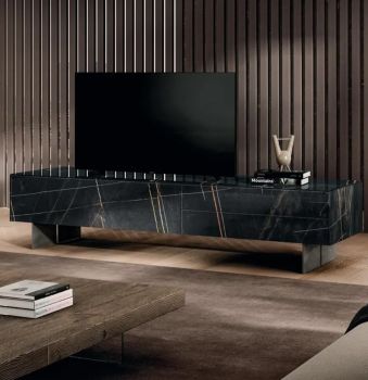 TV Unit in Glossy Glass Finish, Sahara Noir Xglass Color, with 2 Drawers