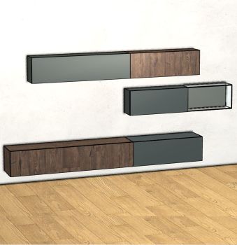 Wall unit 36&8 in Wildwood and Graphite-colored glass.