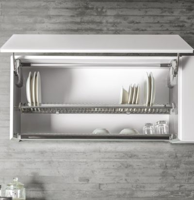 Wall-mounted dish rack unit with white glass front panel